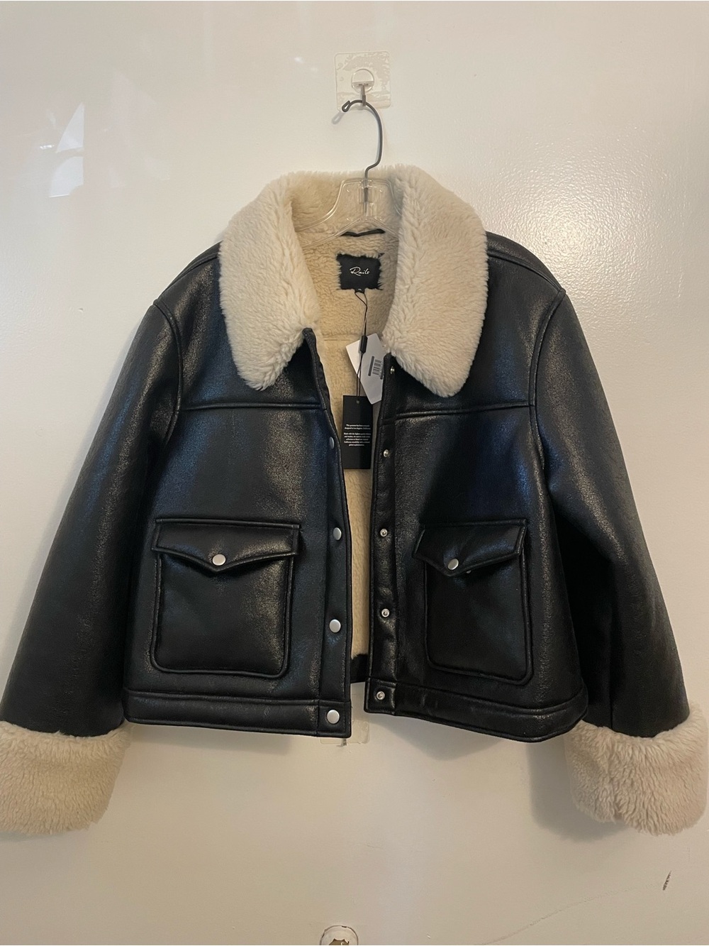 Rails Black Faux Leather Jacket with Cream Sherpa Collar